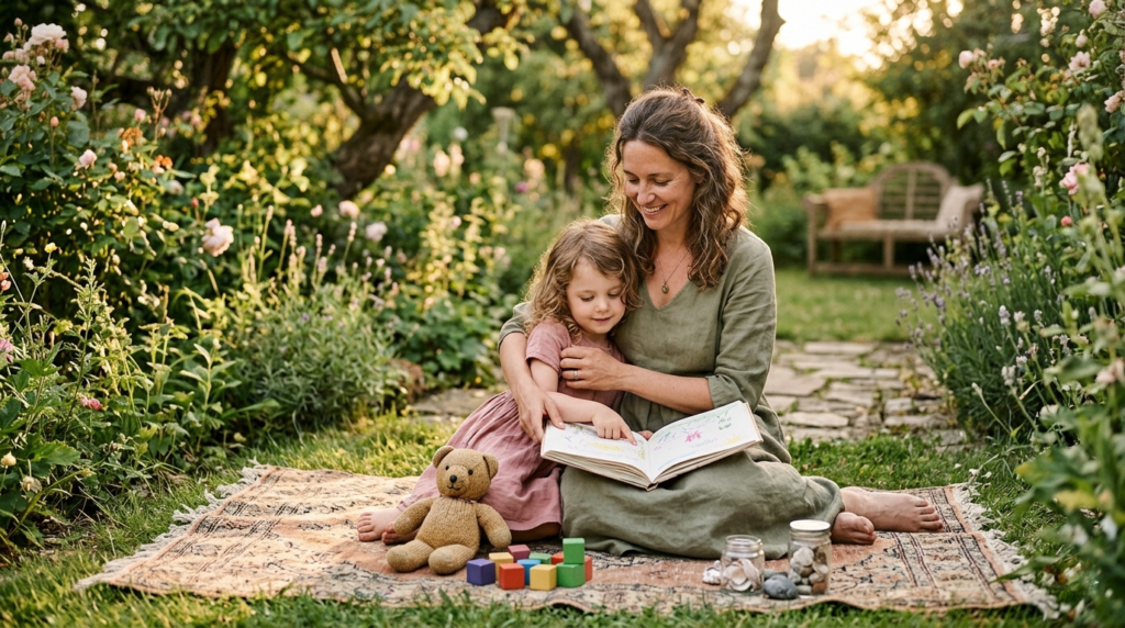 A nurturing scene of a woman and a young child sitting together on a vintage rug in a lush, sun-drenched garden, sharing a peaceful moment over a book to represent the process of inner child healing and emotional restoration.