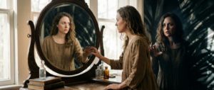 A detailed photograph of a woman with curly hair at a vintage wooden vanity, demonstrating The Mirror Technique for self-reflection and introspection. She touches her intense reflection, while a shadowy, more haunting version of herself appears in the background, illustrating the complexity of self-confrontation.