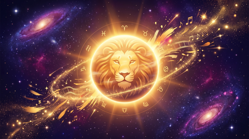 A glowing golden lion face centered in an astrological zodiac wheel against a vibrant cosmic background, symbolizing the expansive energy of the 2026 Jupiter in Leo transit.