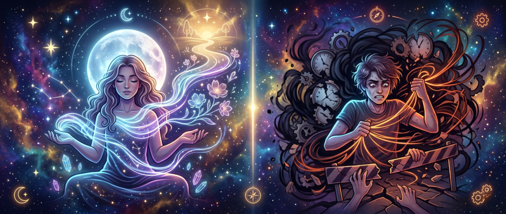 A split illustration highlighting common manifestation mistakes. The left side shows a peaceful woman meditating with flowing, glowing energy and flowers, representing true alignment. The right side shows a stressed man anxiously tangled in dark threads and broken clocks, illustrating the chaotic energy of obsession.
