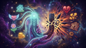 A detailed cosmic illustration of common manifestation mistakes repelling your desires. Two energy hands support a horseshoe magnet. On the left, glowing teal energy calmly attracts positive symbols of a home and wealth. On the right, the fractured, explosive side violently shatters and repels those same desires through a chaotic forcefield of obsidian shards and gears.