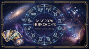 An intricate, glowing blue and gold celestial map depicting all twelve zodiac signs for the May 2026 Horoscope, set against a backdrop of deep space nebulae and distant galaxies.