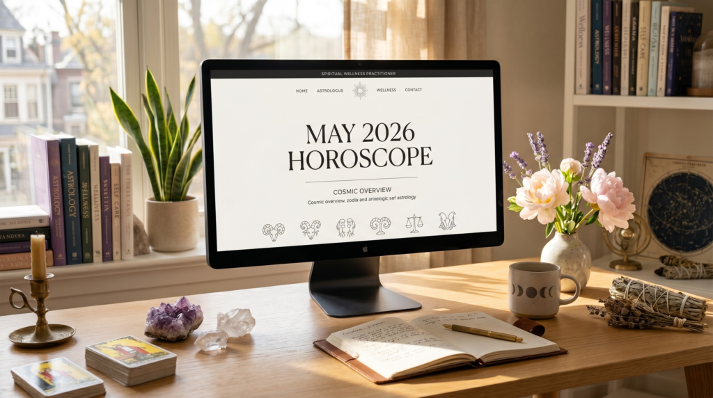 A professional spiritual wellness workspace featuring a computer monitor displaying the May 2026 Horoscope, surrounded by crystals, tarot cards, and fresh flowers.