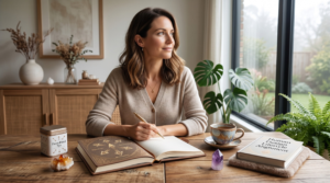 A woman sitting at a mindful workspace writing in a journal with arrows, featuring a book titled "Human Design Lifestyle Alignment" and crystals near a window.