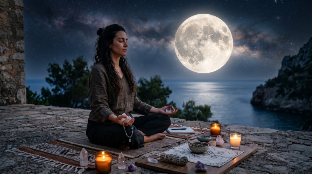A woman practicing moon magic and meditating by the ocean under a full moon with crystals, candles, and a journal.