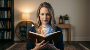 A woman looks down at an open leather-bound journal from which magical amber and blue energy swirls rise. The cozy, dimly lit background features blurred bookshelves and a mirror.