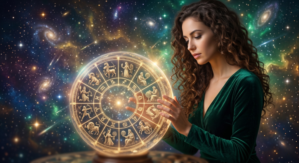 A mystical depiction of a woman with long curly hair in a green velvet dress, gazing intently into a glowing celestial orb. Inside the orb is an intricate golden wheel detailing the various figures and symbols representing the 12 Zodiac archetypes. The background is a swirling galaxy of stars and colorful nebulae.