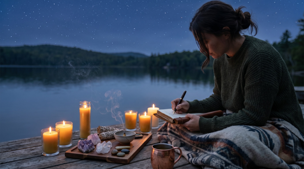 A woman wrapped in a blanket on a wooden lake dock at twilight, writing in a leather journal. Multiple lit candles, amethyst crystals, sage smudge bundles, and incense surround her on a tray, as she performs a new moon ritual for intention setting under a starry sky.