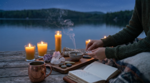 Close-up of a person's hands holding a crystal, performing a new moon ritual on a wooden dock at twilight. The scene is set with lit candles, crystals, sage, burning incense, and a journal, overlooking a lake and a starry sky.