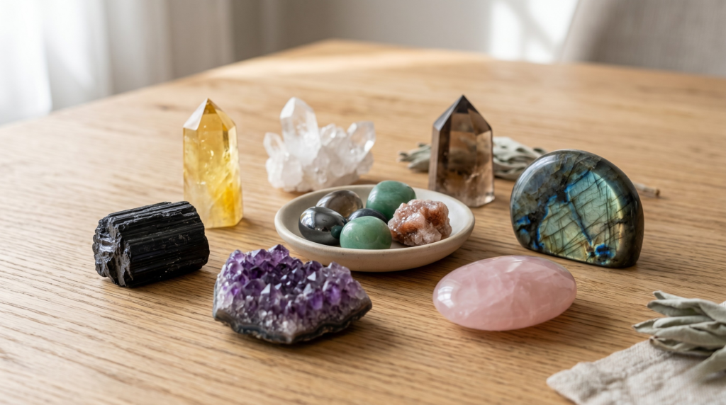 A mindful arrangement of powerful protection crystals, including black tourmaline, amethyst, citrine, and rose quartz, resting on a minimalist wooden table.