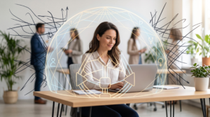 A professional woman working calmly at a laptop in a busy office, protected from chaotic background energy by a glowing Human Design shield representing strong emotional boundaries.