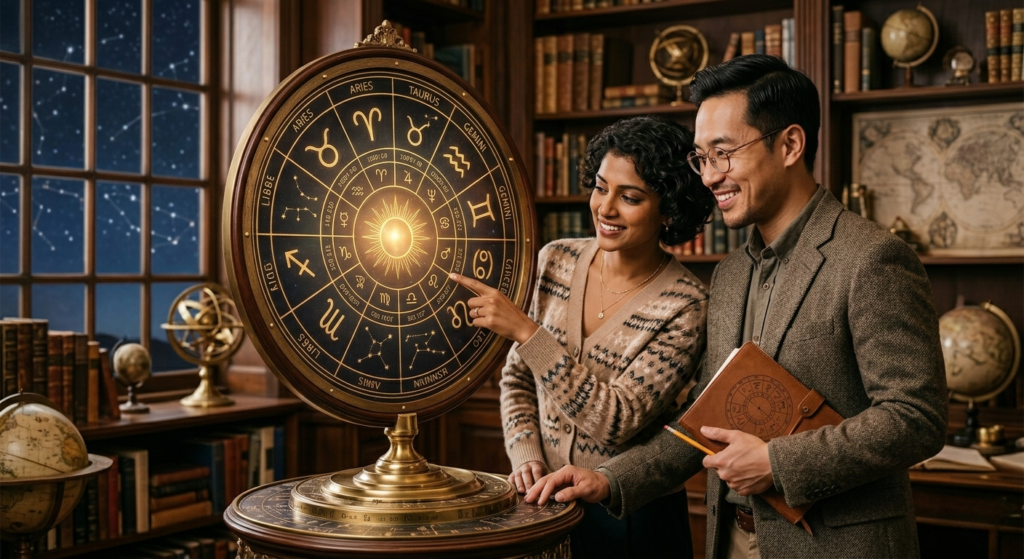 A couple smiling together in a cozy library as they look at a glowing, intricate zodiac wheel to explore relationship astrology.