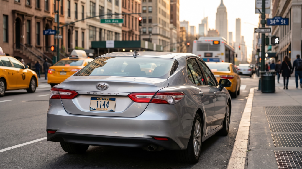 A silver car parked on a New York City street with a license plate displaying the number 1144, representing a visual encounter with the 1144 Angel Number.