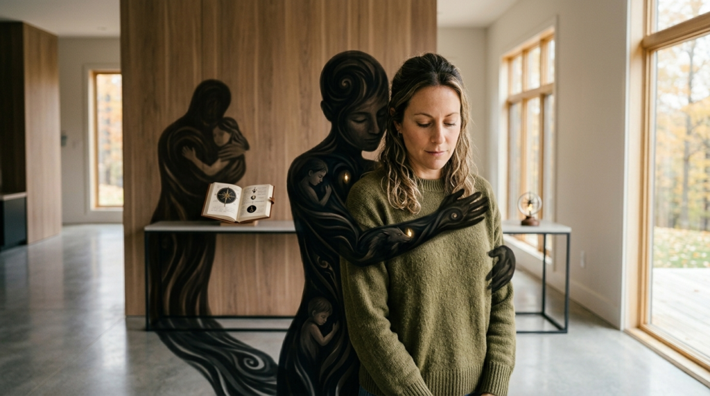 A woman standing in a peaceful room being gently embraced by a symbolic, shadowy figure, representing the deep healing and integration process of shadow work.