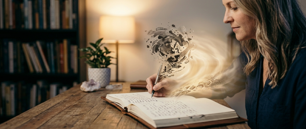 A woman writing in a shadow work journal at a wooden desk, with abstract swirling ink and light rising from the pages to symbolize exploring the subconscious mind.