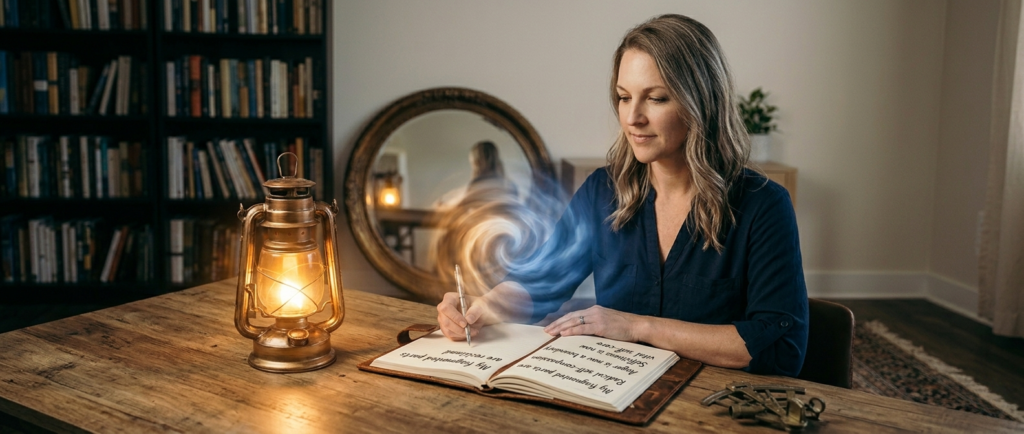 A woman sitting at a wooden desk illuminated by a lantern, writing responses to shadow work prompts in a journal as swirling light rises from the pages.