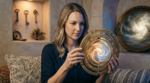 A woman holding an ornate brass circular device with engraved shadow work prompts surrounding a swirling, glowing center.