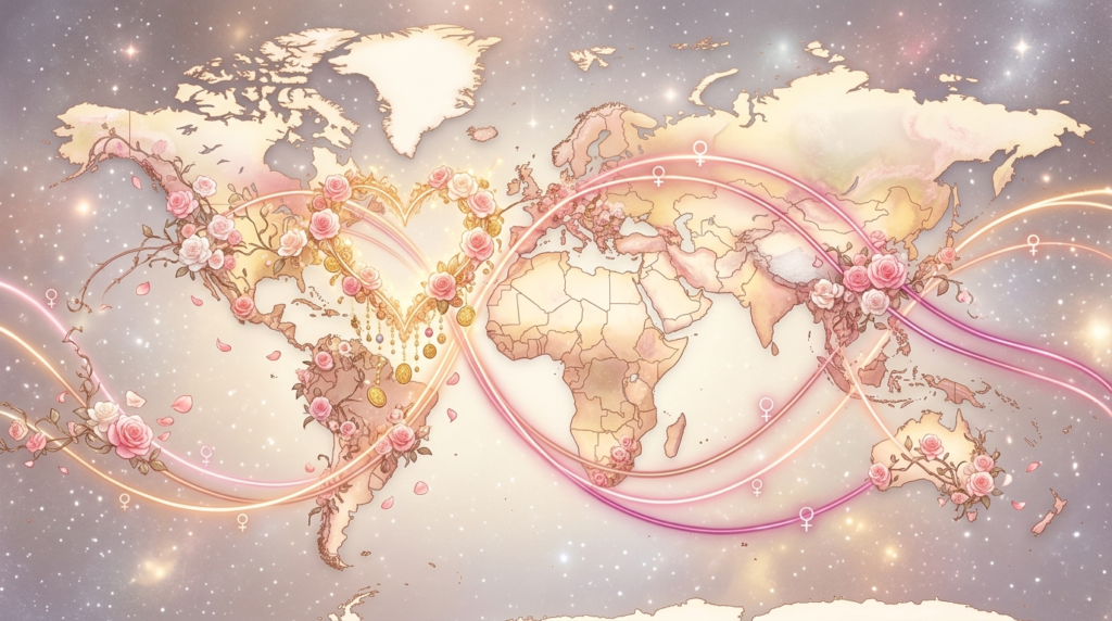 A stylized world map in rose and gold tones, featuring glowing pink Venus lines forming heart shapes and decorated with abundant roses and floral vines against a cosmic, starry background, illustrating Venus line astrocartography for love and attraction.