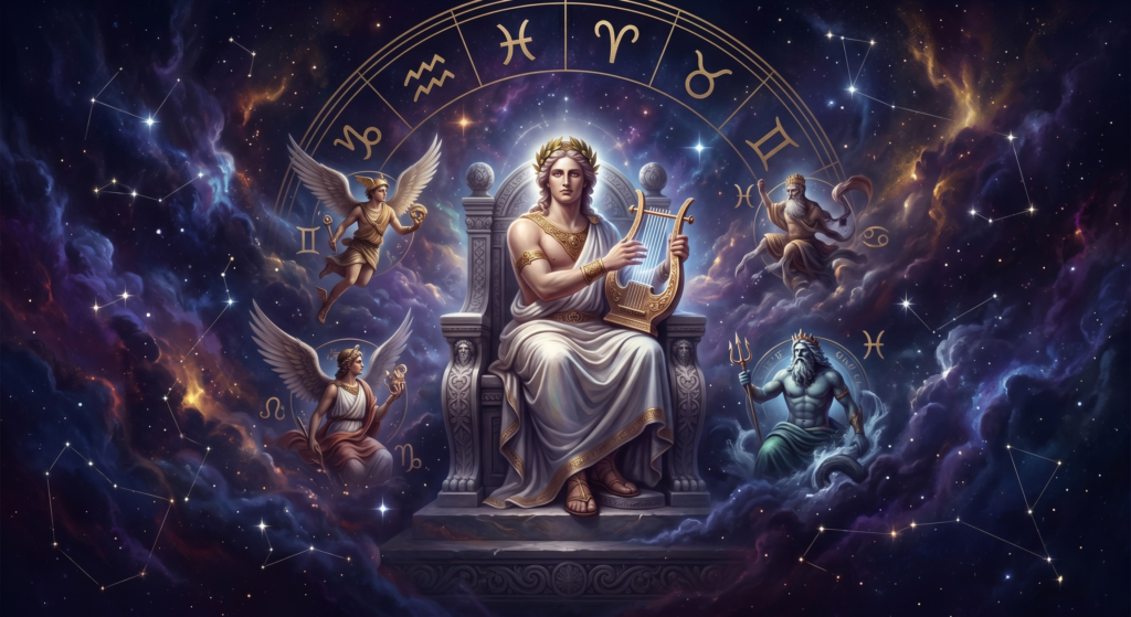 A majestic cosmic illustration exploring which Greek god are you, featuring a central deity playing a lyre on a stone throne, surrounded by a glowing golden zodiac wheel and other mythological figures like Poseidon and Hermes set against a vibrant starry nebula.