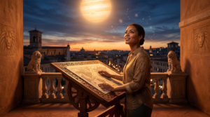 A woman standing on a balcony adorned with lion motifs, looking up at a bright, glowing Jupiter in the twilight sky while consulting an intricate astrology chart to prepare for the Jupiter in Leo 2026 transit.
