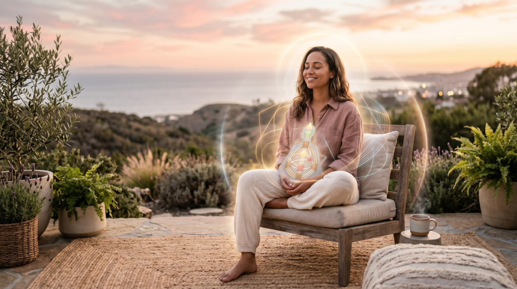 A peaceful woman meditating on an outdoor patio at sunset, with a glowing Human Design energy chart and halo surrounding her to visualize emotional boundaries and inner alignment.