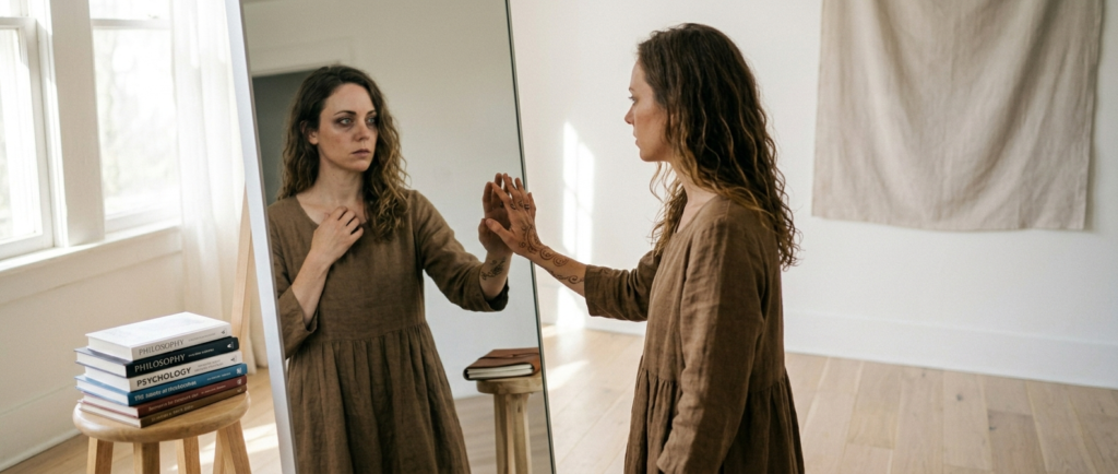 A woman with a tattooed hand touches her intense reflection in a large mirror, practicing The Mirror Technique for self-reflection. Stacks of philosophy and psychology books and a leather journal are arranged on nearby stools in a brightly lit room.