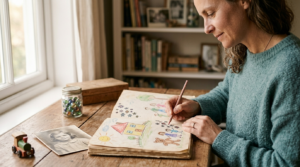 A woman in a teal sweater sits at a wooden desk by a window, drawing in an open sketchbook filled with nostalgic, child-like illustrations of family and a house. She smiles softly and holds a colored pencil. Other items like a glass jar, photos, and a bookshelf are visible.
