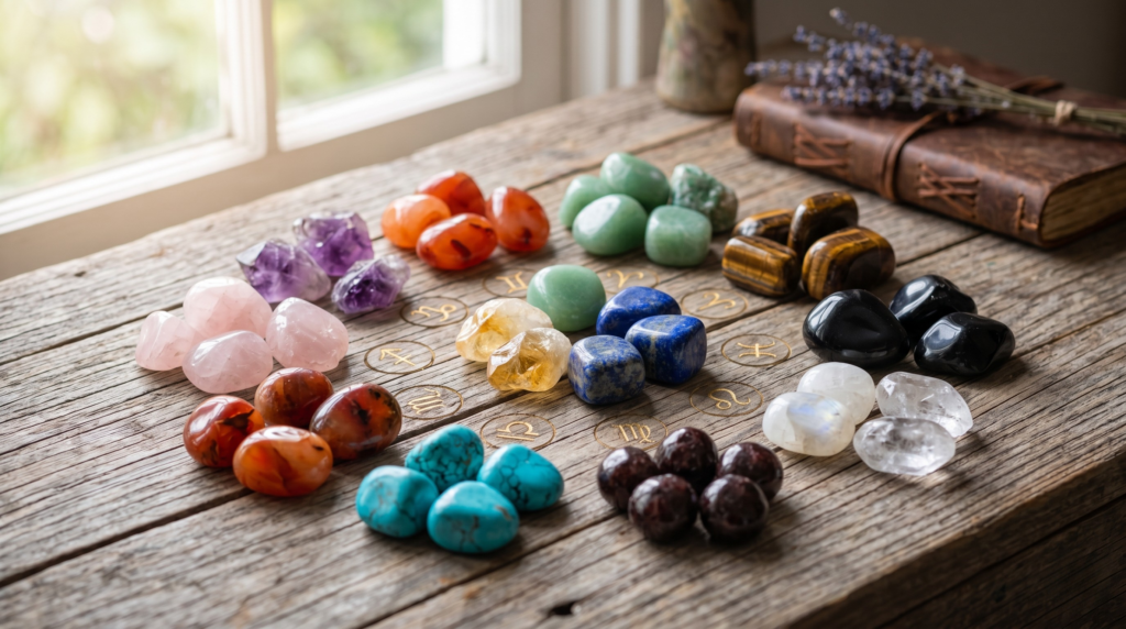 A beautifully arranged collection of zodiac crystals on a rustic wooden table, representing the best healing stones for each astrological sign.