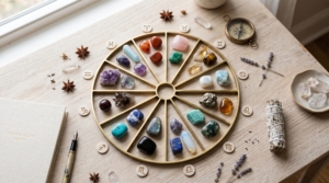 A detailed overhead view of a styled gold zodiac wheel on a light wood desk, featuring curated collections of tumbled and raw zodiac crystals arranged in segments corresponding to the twelve astrology signs.