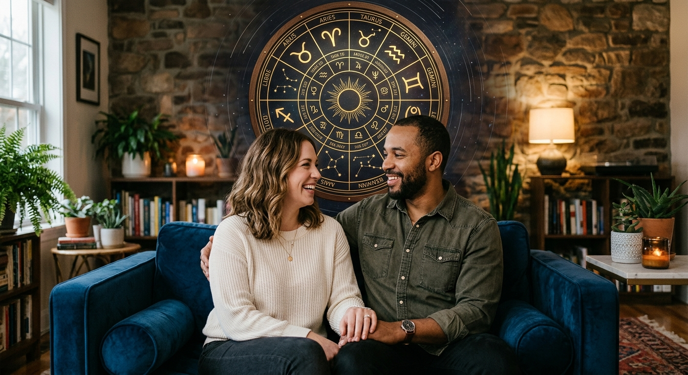 Wedding rings overlaid on an astrology chart