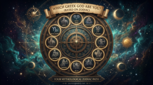 An ornate golden astrological wheel set against a starry cosmic nebula designed to help you discover which Greek god are you. The compass-like diagram features twelve interconnected circles, each illustrating a different mythological deity such as Ares, Poseidon, and Zeus to represent the zodiac signs.