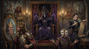 A dark, detailed fantasy oil painting depicting personifications of several zodiac signs and their associated toxic traits within an opulent, candlelit interior. A central Scorpio figure in a scorpion mask on a throne manipulates a Leo king obsessed with his mirror reflection, a Gemini with a two-faced mask, and a hyper-critical figure examining a scroll, symbolizing control, vanity, and manipulation. Background paintings show symbols of other signs.