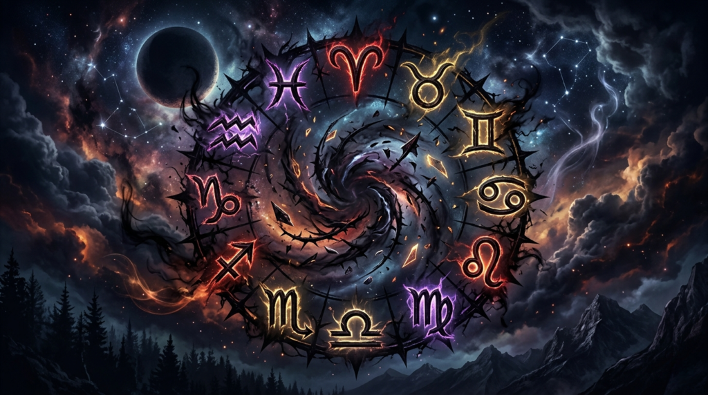 A dark cosmic sky featuring a thorny, swirling zodiac wheel with glowing astrological symbols surrounding a black vortex, representing the toxic traits of astrology signs above a shadowed landscape.
