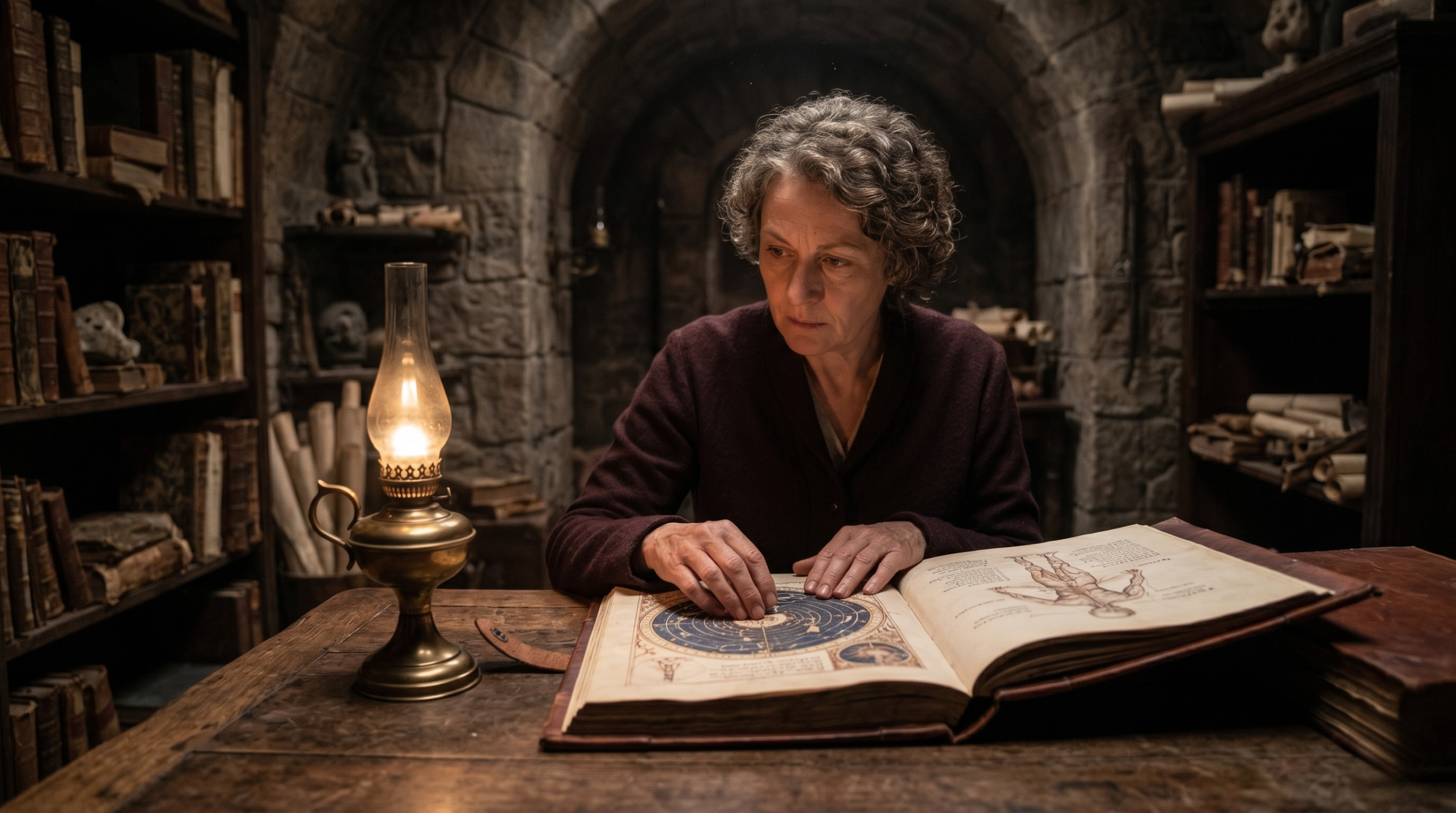 A woman studying ancient astrology and zodiac concepts