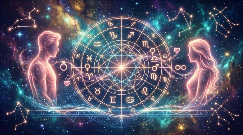 A mystical illustration for astrology compatibility showing a glowing man and woman connected by love symbols around a central zodiac birth chart wheel in a cosmic setting.