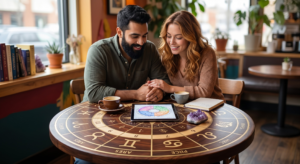 A romantic couple sitting near a glowing, zodiac wheel-shaped table, exploring their astrology compatibility together under a starry night sky.