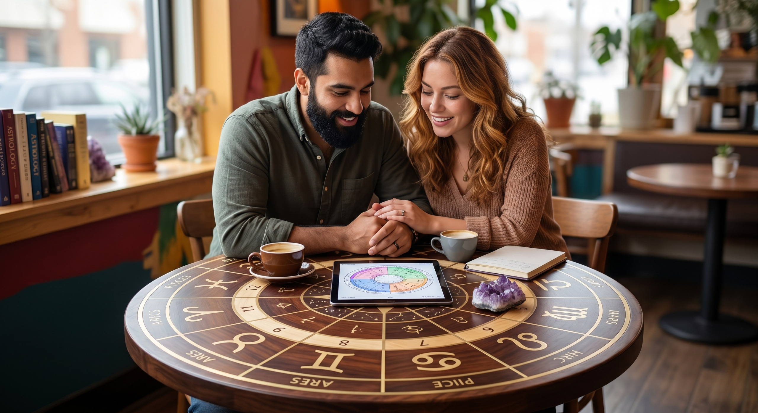 A glowing zodiac table representing long-term relationship patterns and couple compatibility