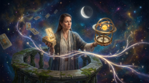 A mystic holding a tarot deck and a glowing armillary sphere, interpreting astrology transits as luminous zodiac symbols flow through the night sky.
