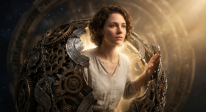A woman breaking out of a metallic, gear-filled sphere into bright light, symbolizing the transformative stages of spiritual awakening.
