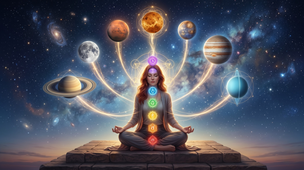 A mystical illustration showing the cosmic connection between chakras and planets, featuring a meditating woman with glowing energy centers aligned with celestial bodies.