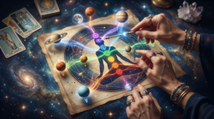 A close-up of hands tracing the mystical connection between chakras and planets on a glowing esoteric star chart, featuring a meditating silhouette and celestial bodies.