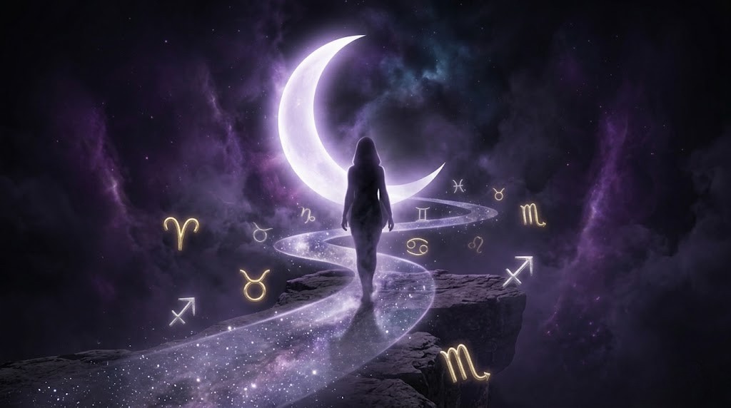 A mysterious silhouette walking on a glowing starry path toward a bright crescent moon in a deep purple cosmic sky, surrounded by floating zodiac symbols, representing the spiritual journey and signs the universe is testing you.