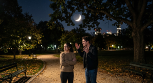 A frustrated couple quarreling in a moonlit park at night, illustrating the recurring relationship conflicts that can be revealed in astrology charts.