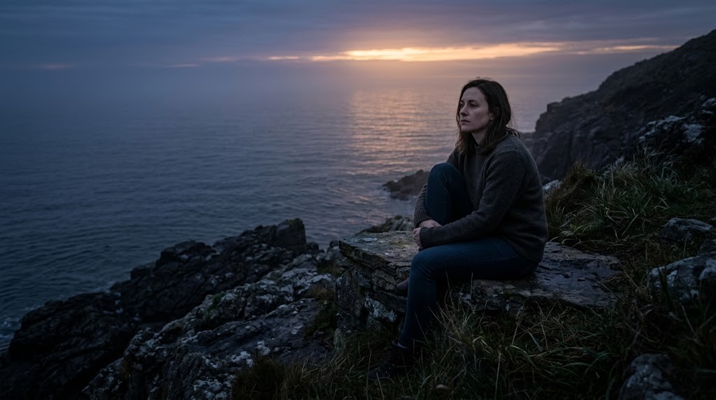 A contemplative woman sitting alone on a rocky cliff by the ocean at twilight, symbolizing the deep introspection of the dark night of the soul.