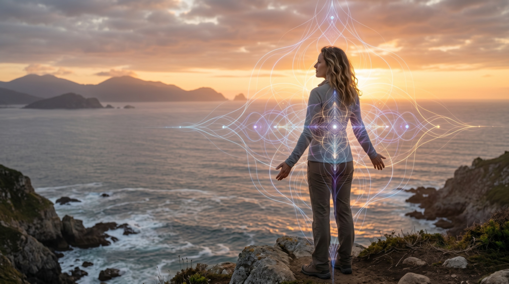 A woman standing on a cliff by the ocean at sunset with a glowing geometric energy field emanating from her body, visualizing personal alignment through the Human Design System.