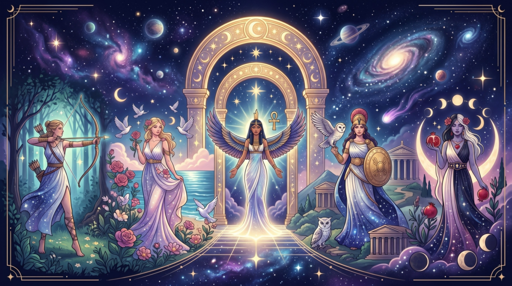 A mystical panoramic landscape illustrating your goddess archetype by birth month. The artwork features five diverse mythological figures—including a huntress, a radiant woman with flowers, a winged goddess, a warrior with a shield and owl, and a dark goddess holding a pomegranate—standing under glowing cosmic archways against a starry night sky.