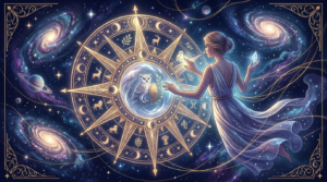 A celestial illustration showing a woman in a flowing dress interacting with a glowing astrological wheel in space, representing your goddess archetype by birth month. The glowing wheel features an owl and shield in the center, surrounded by stars, planets, and galaxies.