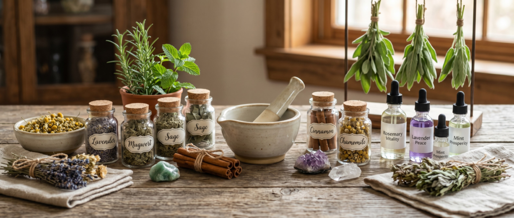 A rustic wooden table displaying a collection of green witch herbs in labeled glass jars, alongside a ceramic mortar and pestle, fresh potted plants, dried herb bundles, and amethyst and quartz crystals.