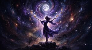 A cinematic illustration of a woman in flowing robes standing in a cosmic nebula under a radiant moon, releasing crumbling scrolls that dissolve into starlight to symbolize the release of karmic relationships. Broken chains fall away into the darkness below her, while glowing sacred geometry and astrological symbols rise up to surround her in a hopeful, spiritual aura.