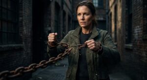 A determined woman in an olive green jacket breaking rusty chains with her bare hands in a gritty urban alley, symbolizing how to stop self sabotage. Text overlay reads: How to Stop Self Sabotage.